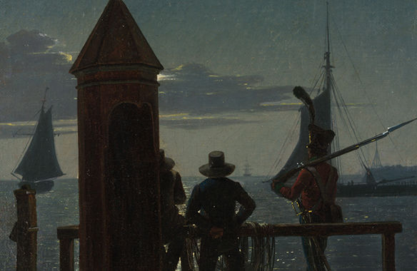 A dark painting of two farmers wearing everyday attire and a uniformed soldier by a lighthouse. They look out over the open ocean, several sailboats in the background.